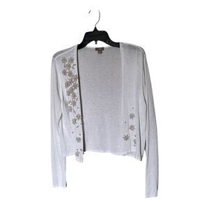 J. Jill Linen Blend White Open Front Cardigan with Floral Embroidery Size MED
